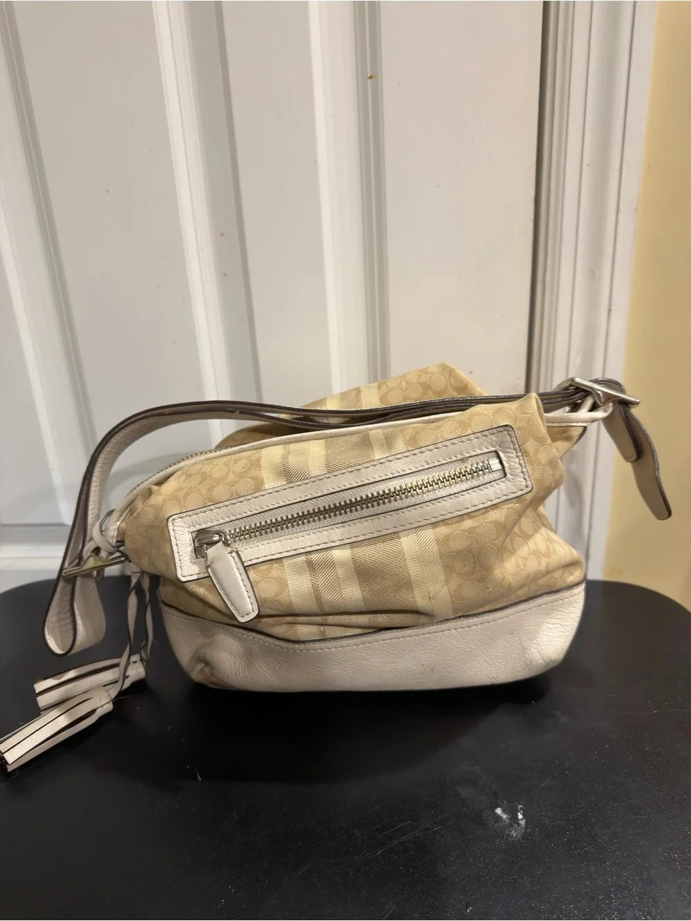 Coach Cream Signature Stripe Hobo Bag with Tassel 19918